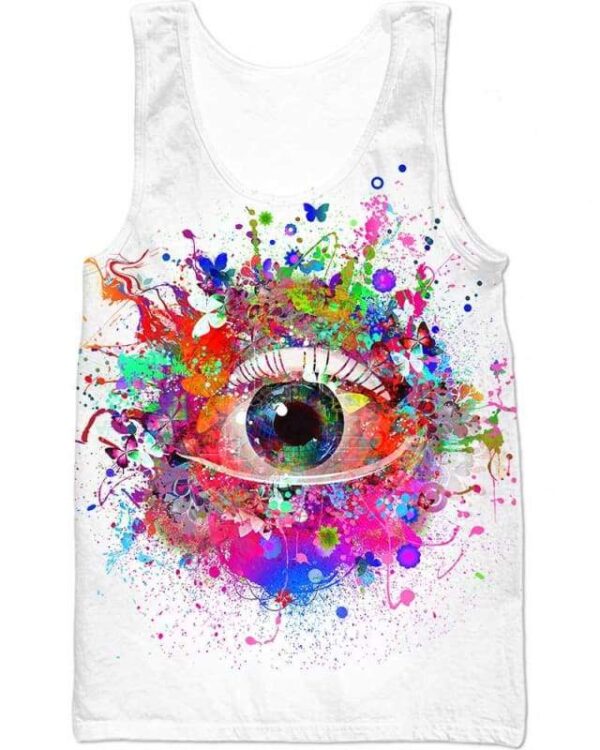 Abstract eye with butterflies and flowers on a white background - All Over Apparel - Tank Top / S - www.secrettees.com