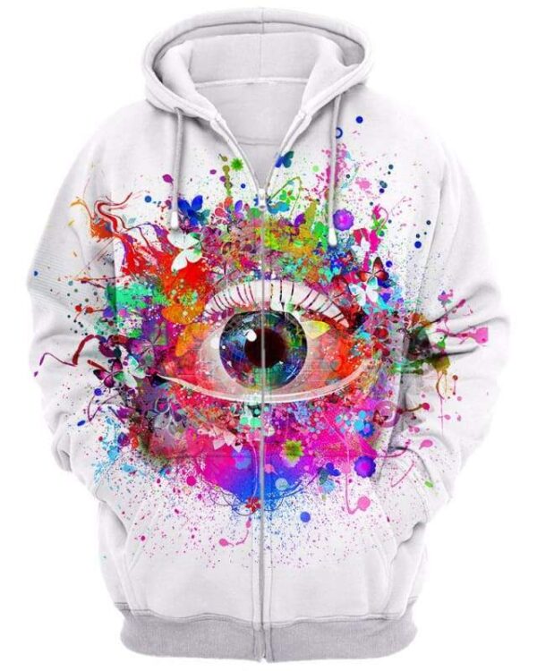 Abstract eye with butterflies and flowers on a white background - All Over Apparel - Zip Hoodie / S - www.secrettees.com
