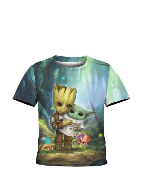 Baby Groot Hug Cute Doll Yoda In The Forest - All Over Apparel - Kid Tee / S - www.secrettees.com