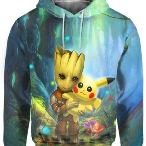 Baby Groot Hug Cute Pikachu - All Over Apparel - Hoodie / S - www.secrettees.com