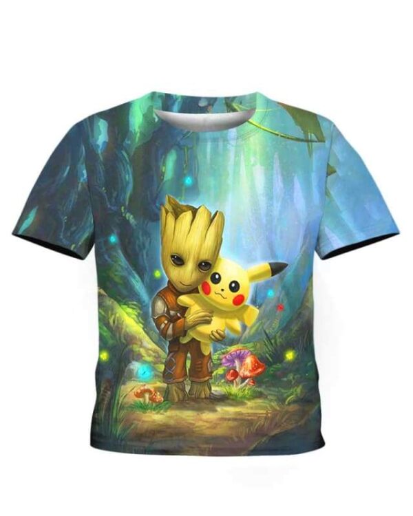 Baby Groot Hug Cute Pikachu - All Over Apparel - Kid Tee / S - www.secrettees.com