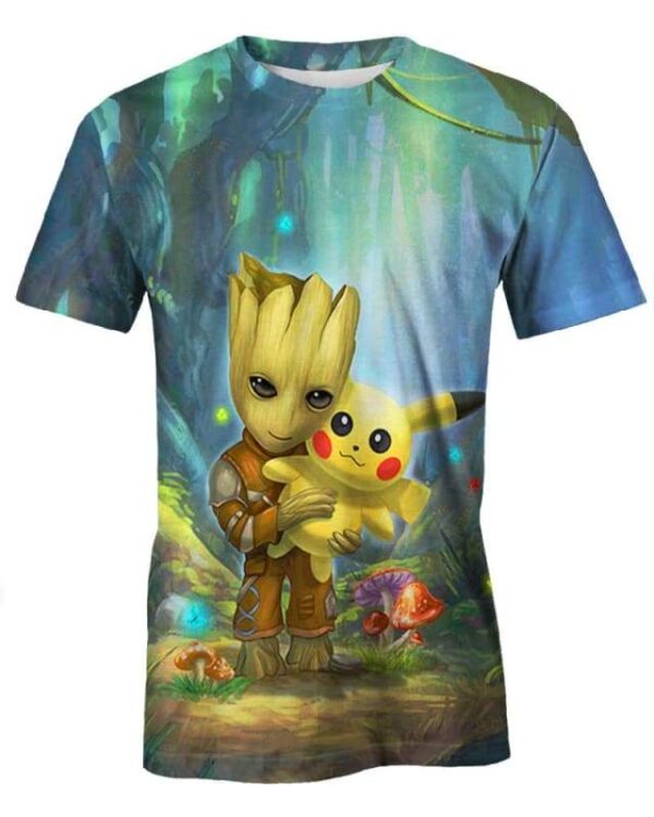 Baby Groot Hug Cute Pikachu - All Over Apparel - T-Shirt / S - www.secrettees.com