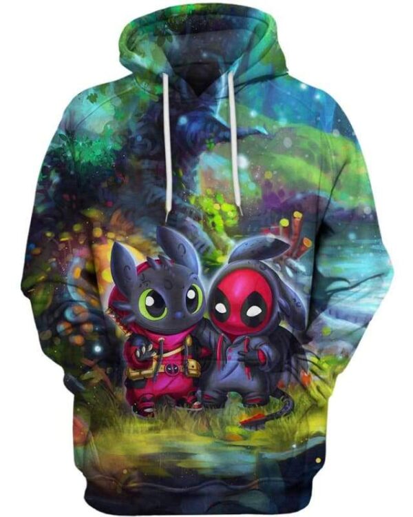 Baby Toothless & Deadpool In The Forest - All Over Apparel - Hoodie / S - www.secrettees.com