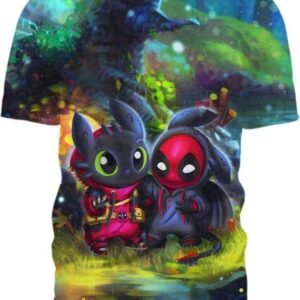 Baby Toothless & Deadpool In The Forest - All Over Apparel - T-Shirt / S - www.secrettees.com