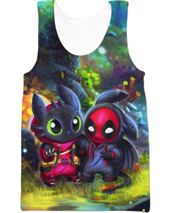 Baby Toothless & Deadpool In The Forest - All Over Apparel - Tank Top / S - www.secrettees.com