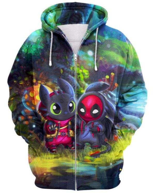 Baby Toothless & Deadpool In The Forest - All Over Apparel - Zip Hoodie / S - www.secrettees.com