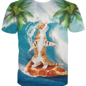 Cat Surfing Pizza T-shirt - All Over Apparel - T-Shirt / S - www.secrettees.com