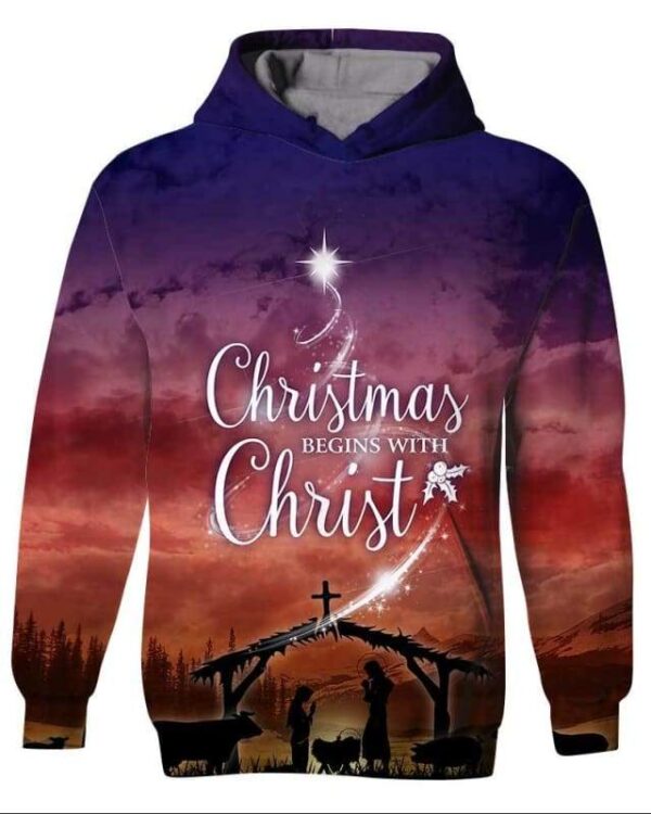 Christmas Begins With Christ - All Over Apparel - Kid Hoodie / S - www.secrettees.com