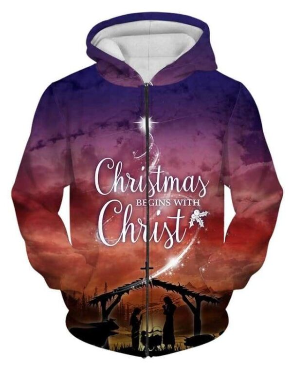 Christmas Begins With Christ - All Over Apparel - Zip Hoodie / S - www.secrettees.com