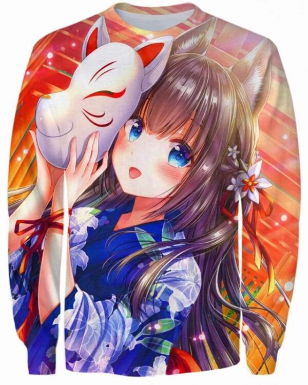 Cute Girl With A Cat Mask - All Over Apparel - Sweatshirt / S - www.secrettees.com