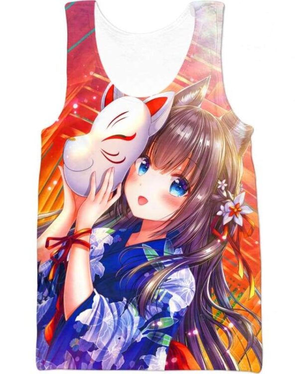 Cute Girl With A Cat Mask - All Over Apparel - Tank Top / S - www.secrettees.com