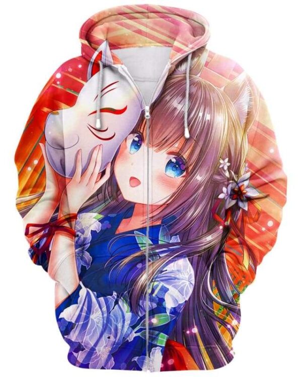 Cute Girl With A Cat Mask - All Over Apparel - Zip Hoodie / S - www.secrettees.com