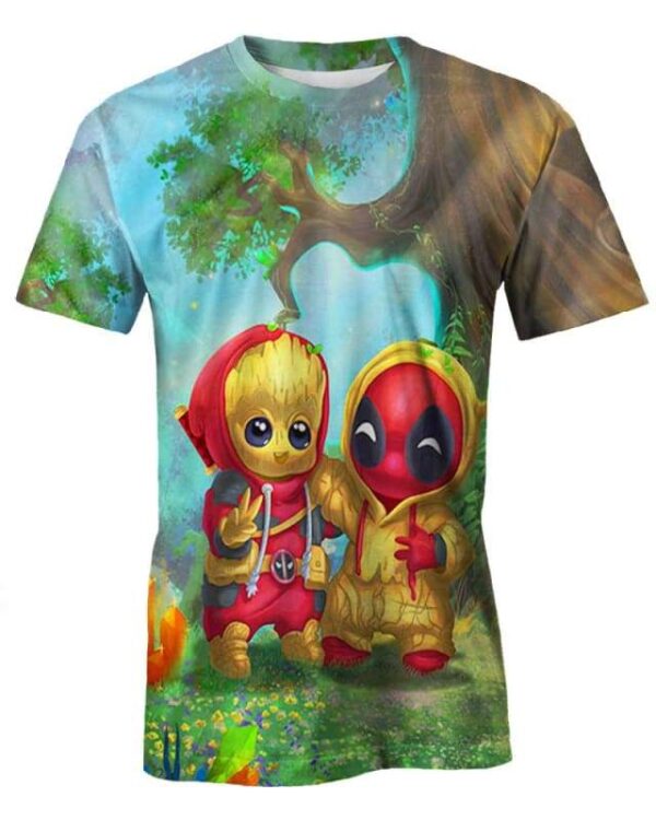 Cute Groot and Deadpool Mashup - All Over Apparel - T-Shirt / S - www.secrettees.com