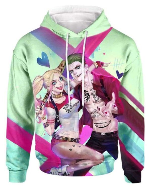 Harley Quin and Joker Costume Hoodie Apparel - All Over Apparel - www.secrettees.com