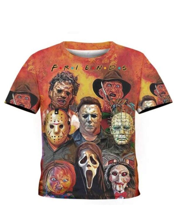 Horror Friends Halloween Characters all over print Hoodie T-shirt - All Over Apparel - Kid Tee / S - www.secrettees.com