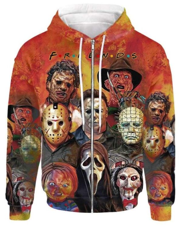 Horror Friends Halloween Characters all over print Hoodie T-shirt - All Over Apparel - Zip Hoodie / S - www.secrettees.com
