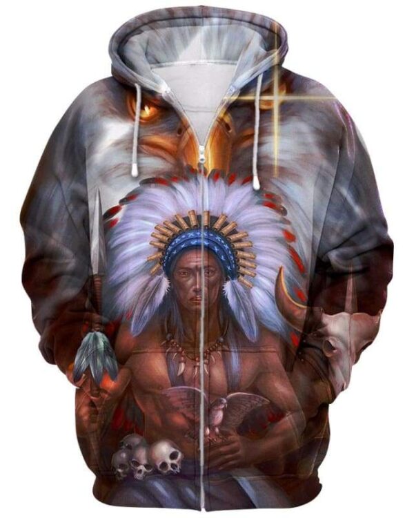 Indian Chief And Eagle - All Over Apparel - Zip Hoodie / S - www.secrettees.com