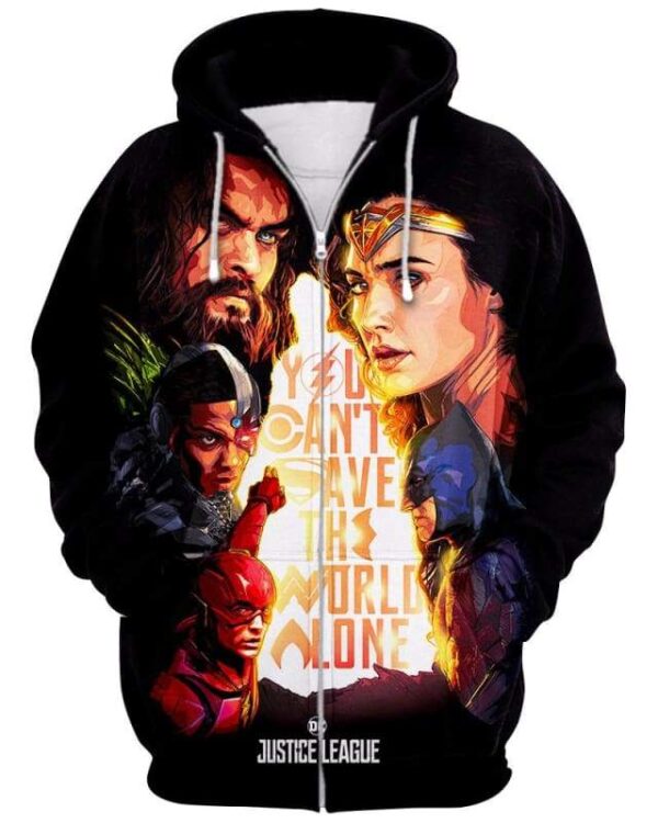Justice League - You Can Save The World Alone - All Over Apparel - Zip Hoodie / S - www.secrettees.com
