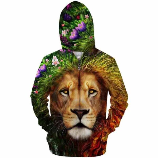 Lion in Forest Flower 3D All Over Print T-shirt Zip Hoodie Sweater Tank - All Over Apparel - Zip Hoodie / S - www.secrettees.com