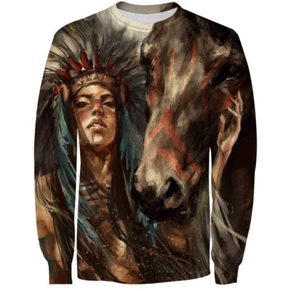 Native American Girl And Horse 3D All Over Print T-shirt Zip Hoodie Sweater Tank - All Over Apparel - www.secrettees.com