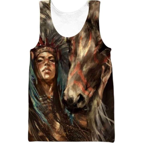 Native American Girl And Horse 3D All Over Print T-shirt Zip Hoodie Sweater Tank - All Over Apparel - www.secrettees.com