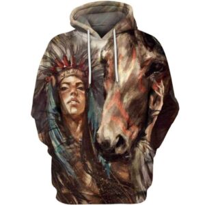 Native American Girl And Horse 3D All Over Print T-shirt Zip Hoodie Sweater Tank - All Over Apparel - Hoodie / S - www.secrettees.com
