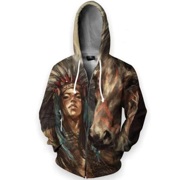 Native American Girl And Horse 3D All Over Print T-shirt Zip Hoodie Sweater Tank - All Over Apparel - Zip Hoodie / S - www.secrettees.com