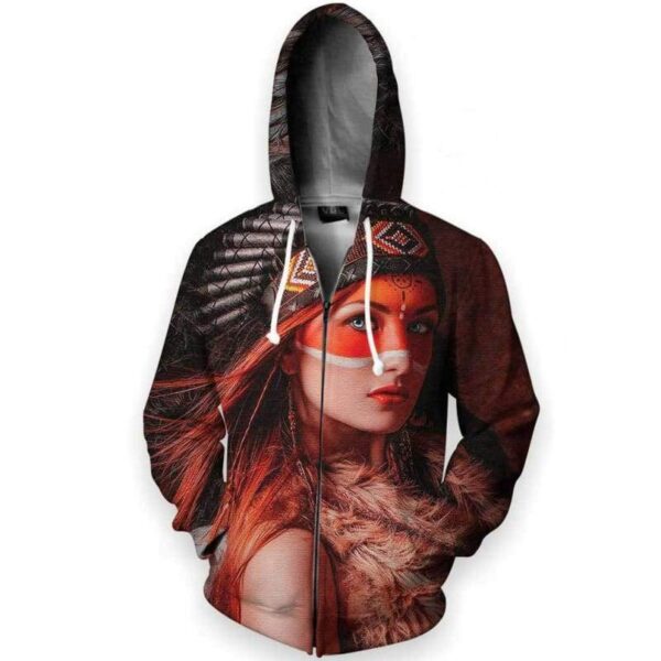 Native American Girl Red 3D All Over Print T-shirt Zip Hoodie Sweater Tank - All Over Apparel - Zip Hoodie / S - www.secrettees.com