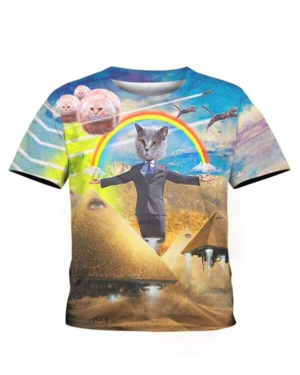 Pawtician Politician Rocket Pyramids Cat UFOs Rainbows 3D T-shirt - All Over Apparel - Kid Tee / S - www.secrettees.com
