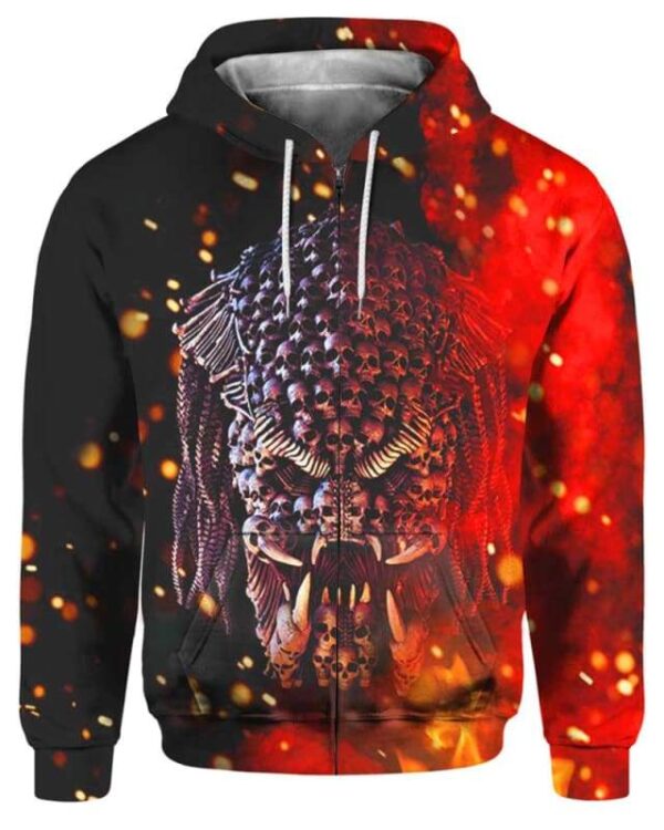 Predator Skull on Fire - All Over Apparel - Zip Hoodie / S - www.secrettees.com