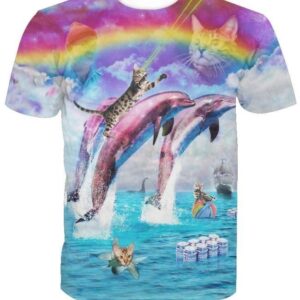 Rainbow Dolphin Kitty Splash With Cats T-shirt - All Over Apparel - www.secrettees.com