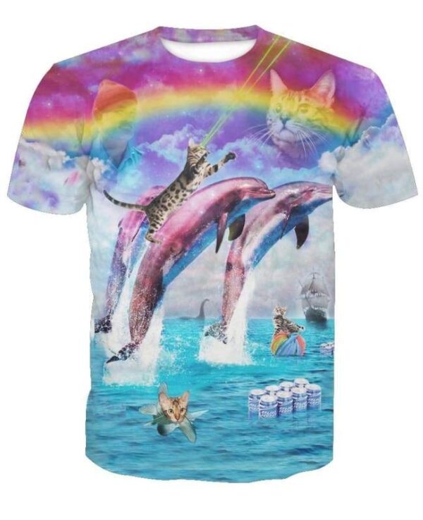 Rainbow Dolphin Kitty Splash With Cats T-shirt - All Over Apparel - www.secrettees.com