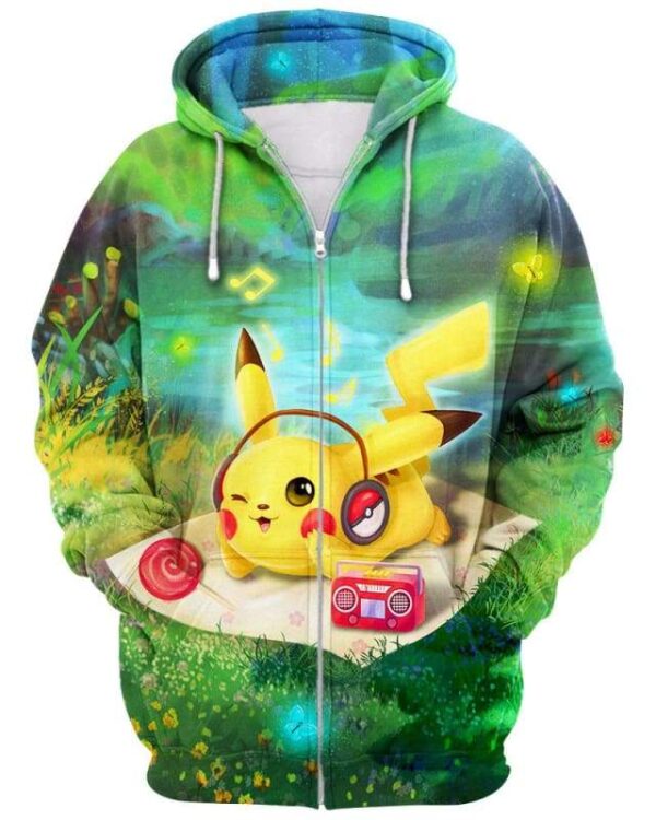 Relaxing Music With Pikachu - All Over Apparel - Zip Hoodie / S - www.secrettees.com