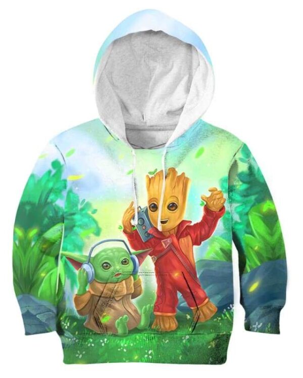 Relaxing Music With Yoda & Groot - All Over Apparel - Kid Hoodie / S - www.secrettees.com