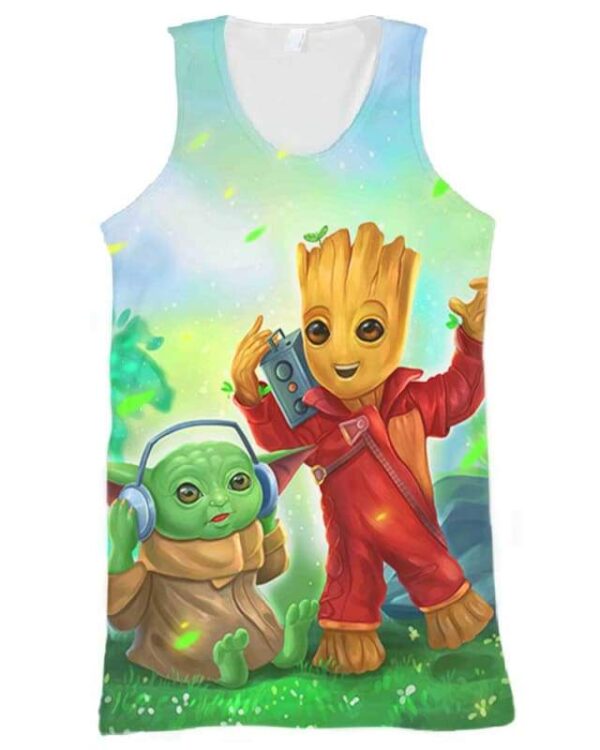 Relaxing Music With Yoda & Groot - All Over Apparel - Tank Top / S - www.secrettees.com