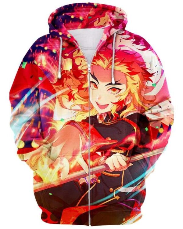 Rengoku Kyoujurou - All Over Apparel - Zip Hoodie / S - www.secrettees.com