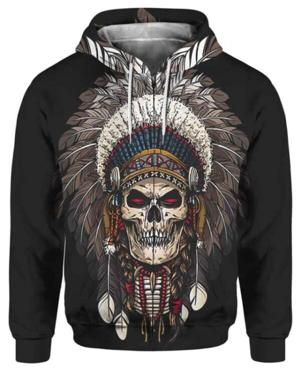 Warrior Of Indian Skull - All Over Apparel - Zip Hoodie / S - www.secrettees.com