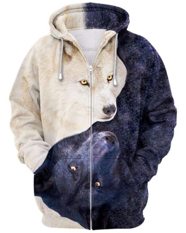 Yin Yang Wolves 3D All-over Printed T-shirt Hoodie Sweater Tank - All Over Apparel - Zip Hoodie / S - www.secrettees.com